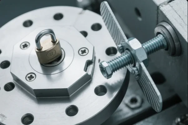 Close-up of a threaded bolt and nut clamping a metal fixture plate, showing industrial fastening and jig setup on precision equipment.