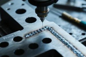 Probe inspecting a TIG weld bead on a steel fixture plate, showing weld toe and heat tint for welding quality control.