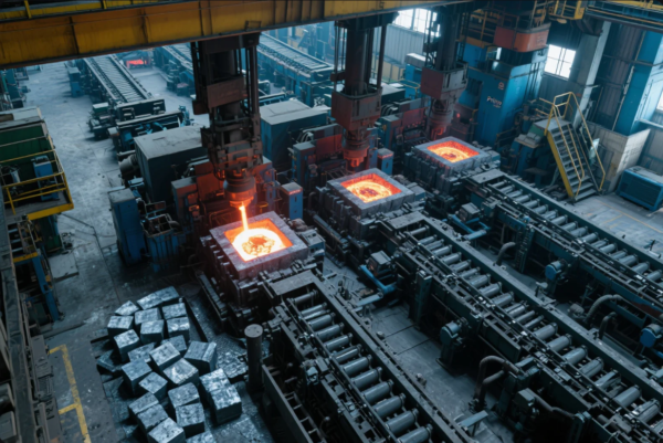 This image captures the interior of a heavy industrial forging plant, where multiple massive hydraulic presses are forming red-hot molten metal inside large square molds. The glowing orange crucibles indicate active high-temperature processing, likely involving steel or other metal ingots. Surrounding the production line are mechanical rollers, conveyors, and piles of solidified metal blocks, showcasing an automated, large-scale forging process in a high-capacity manufacturing facility. The overall environment reflects intense heat, precision, and industrial power.