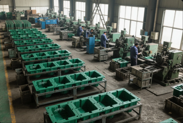 This image shows the interior of a casting or machining workshop with multiple operators working on large, green metalworking machines positioned near windows. In the foreground, rows of green casting molds or workpiece holders are neatly arranged on mobile platforms, indicating organized production flow. Each workstation is equipped with metal bins and tools, supporting tasks like rough machining, shaping, or mold preparation. The overall scene reflects a mid-scale, manually operated industrial manufacturing environment focused on precision and high-volume output.