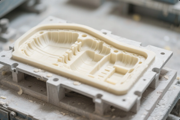 This image shows a precision CNC-machined mold insert, created from a light cream-colored polymer or modeling board material. The mold features intricate cavities, channels, and stair-like steps, likely representing an early-stage prototype for injection molding or thermoforming. It rests securely on a metal fixture base, surrounded by machining debris, highlighting an in-progress prototyping or tooling environment within a mold-making or product development workshop.