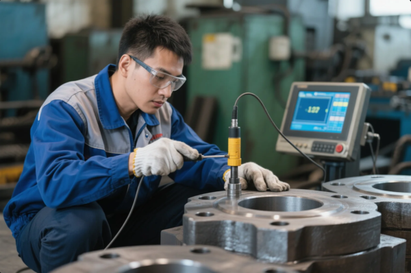 This image shows a technician in protective eyewear and gloves performing a quality inspection using a portable hardness tester on a large, machined metal flange. The device is connected to a digital display screen showing measurement data in real time. The worker is focused and precise, indicating a high standard of quality control in a modern manufacturing environment. Surrounding equipment and machinery in the background further emphasize the industrial setting dedicated to metal component production and testing.