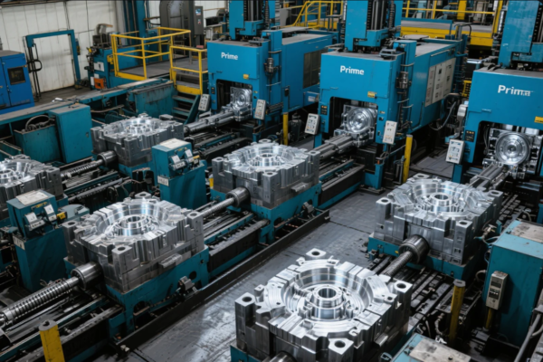 This image showcases a high-capacity CNC machining workshop featuring several large blue machines branded "Prime," each actively working on large, intricately detailed metal molds. The synchronized layout and advanced automation highlight a modern manufacturing environment focused on high-precision mold production, likely for automotive or aerospace components. Each station includes computerized control panels and robust spindle systems, emphasizing efficiency, consistency, and industrial-grade machining operations.