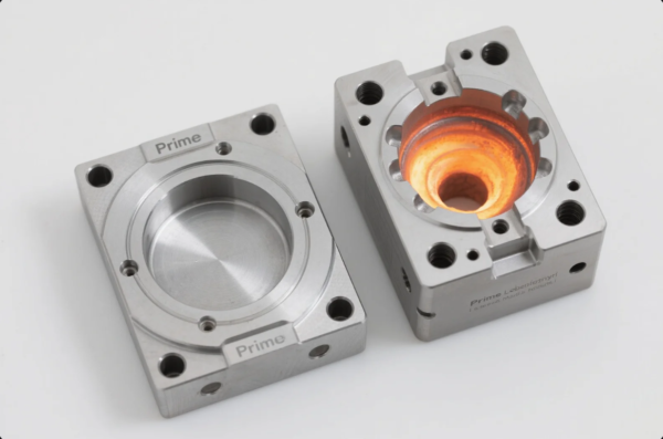 This image features a pair of high-precision metal mold blocks branded "Prime," used for industrial forming or casting. One mold half remains cool and clean, displaying a polished circular cavity, while the other glows with an intense orange-red hue, indicating exposure to high temperatures—possibly from molten material or thermal conductivity testing. The clean white background emphasizes the detail and finish of the machined surfaces, reflecting advanced manufacturing quality and metallurgical testing standards.