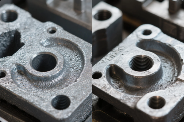 This side-by-side image highlights two similar cast metal parts, each featuring central threaded holes and surrounding bolt holes. The left component has a rougher, more textured surface typical of raw casting, while the right component exhibits a cleaner and more refined finish, likely post-machining or after surface treatment. The comparison emphasizes differences in manufacturing stages, casting precision, or quality control, serving as a visual reference for industrial part evaluation and improvement.