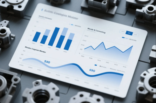The image features a digital analytics dashboard with various blue-themed charts and graphs, including bar, line, and wave charts, displayed on a sleek tablet-like interface. Surrounding the dashboard are multiple precision-machined metal parts, likely flanges or housings, placed on a dark grey industrial surface. The setup symbolizes the integration of data-driven monitoring and smart manufacturing, highlighting the importance of performance metrics, production efficiency, and quality control in modern machining or industrial environments.