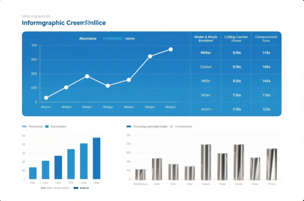 This image displays a stylized infographic dashboard in a blue-and-white theme, including a large line graph, several vertical bar charts, and a data table. The charts present placeholder data and labels in pseudo-text, mimicking the structure of real business intelligence or industrial analytics interfaces. The design is clean and modern, intended to represent performance metrics or production comparisons in a manufacturing or engineering context. Despite the unreadable text, the layout suggests categories such as equipment usage, output efficiency, or component performance tracking.