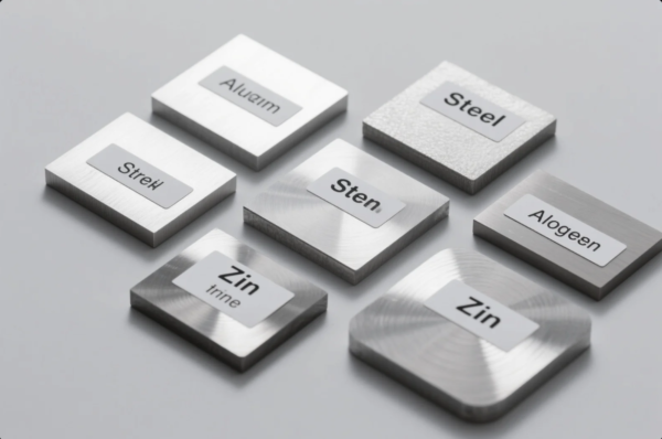 The image displays a collection of polished and textured metal sample blocks, each featuring a unique surface finish. Affixed to each block is a label with pseudo-names that resemble real materials, such as "Steel," "Aluim" (likely Aluminum), "StreH," "Sten," and "Zin." The samples are laid out on a neutral gray background, showcasing variations in machining texture and reflectivity, often used for demonstrating material types or surface treatments in manufacturing or product design environments.
