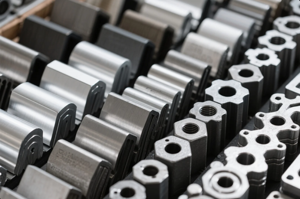 This close-up image displays an organized arrangement of precision-machined metal parts, neatly lined up in rows. The components include a variety of geometries—cylindrical, hexagonal, and star-shaped—with surface finishes ranging from matte to polished. Several pieces feature internal threading, while others have smooth faces or complex contours. The collection likely represents samples or inventory for manufacturing, quality inspection, or assembly in automotive, aerospace, or mechanical engineering applications.