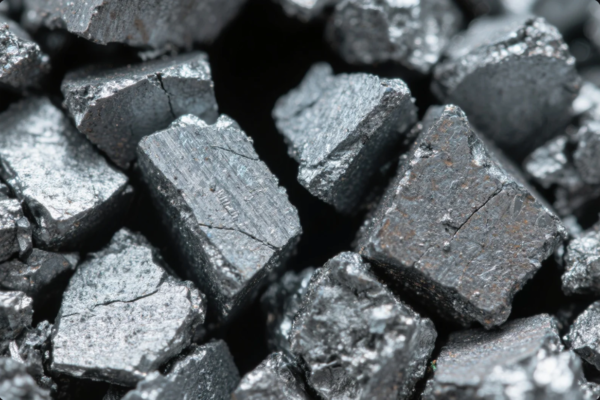 This macro image shows a cluster of raw metallic mineral fragments, each with sharp, angular edges and a rough crystalline texture. The material has a silvery-gray appearance with some dark oxidation and subtle reflective qualities, suggesting it could be a naturally occurring metal ore such as iron, manganese, or silicon. The image highlights the unrefined, fractured state of these minerals before any industrial processing or smelting.