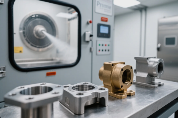 The image shows a set of precision-machined metal components—including aluminum and brass parts—neatly arranged on a stainless steel workbench. Behind them is a sealed testing chamber, visibly misting from a high-pressure nozzle, likely simulating environmental exposure or conducting corrosion resistance testing such as salt spray or humidity testing. The chamber, marked with the brand "Prime," is part of a clean, modern quality control lab, emphasizing durability validation, surface treatment performance, and product reliability under industrial conditions.