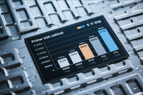 This image showcases a financial or production analytics dashboard displayed digitally atop a background of precision metal stamping components. The chart illustrates multiple vertical bars representing price-per-kilogram and total cost across different metrics such as quantity and material weight. Despite placeholder or non-standard characters in the chart labels, it visually communicates trends in industrial pricing or logistics performance. The metallic background reinforces the context of manufacturing, suggesting the integration of data analysis with smart production and supply chain management.