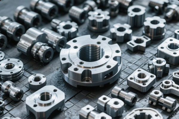 The image displays an assortment of CNC-machined metal components, meticulously arranged on a textured black background. Central to the image is a large round flange with internal threading and precision-drilled holes. Surrounding it are smaller mechanical parts, such as couplings, threaded inserts, and gear-like shapes, all featuring smooth, high-tolerance surfaces. The arrangement highlights the variety, complexity, and precision of custom metal fabrication used in industrial applications such as automotive, aerospace, and machinery.
