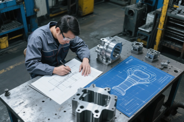 The image shows a mechanical engineer in a grey industrial uniform and safety glasses working at a steel workbench inside a manufacturing facility. He is reviewing and annotating detailed technical blueprints of a complex mechanical component. On the table are both the paper drawing and a printed blueprint on blue paper, along with several CNC-machined metal parts that match the drawings. The background reveals a typical workshop setting, with heavy machinery and tool racks, indicating a professional and precise engineering environment focused on custom part production and prototyping.