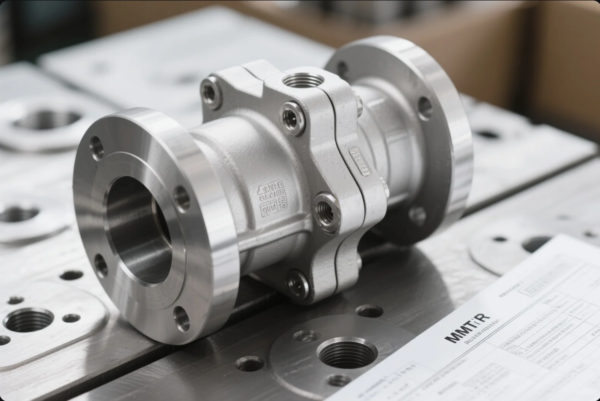 This image features a detailed close-up of a stainless steel industrial valve assembly. The valve has precision-machined flanged ends and multiple threaded ports, suggesting use in fluid control systems. The component is placed on a metallic surface with additional machined parts partially visible in the background. To the right of the image lies a technical document labeled “MMTIR,” likely a part specification or quality inspection sheet, emphasizing the precision engineering and quality control in an industrial manufacturing context.