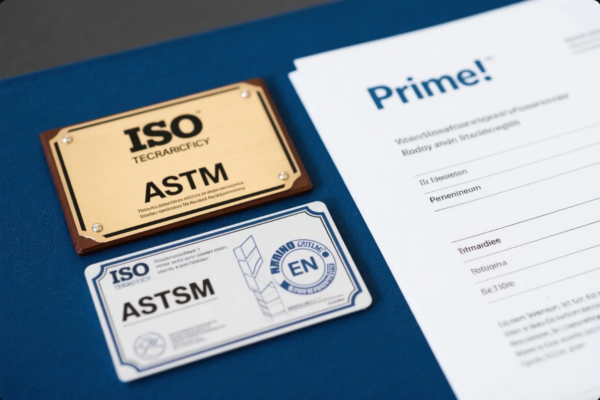 The image displays a set of industrial certifications and compliance labels, including a golden ISO and ASTM plaque and a printed EN certification badge, all placed neatly on a blue background. To the right, there is a document bearing the brand name "Prime!" with placeholder text, possibly representing a form or certificate. This setup highlights the company’s adherence to international standards such as ISO, ASTM, and EN—demonstrating a commitment to quality and global compliance in manufacturing processes.