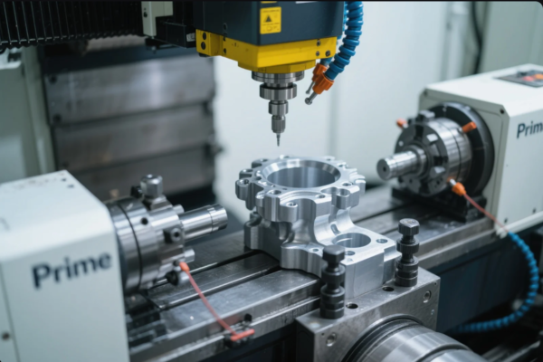 This image shows a high-precision CNC milling machine in action, performing detailed machining on a complex aluminum alloy component. The setup includes rotary fixtures on both sides to hold the part securely during multi-axis processing. The spindle, equipped with a fine drill bit, is aligned for intricate cuts, demonstrating the factory's advanced manufacturing capabilities. The branding “Prime” is visible on the machine, reflecting the company’s identity and professional-grade production technology. This scene highlights the automation and accuracy typical of modern metal parts manufacturing.