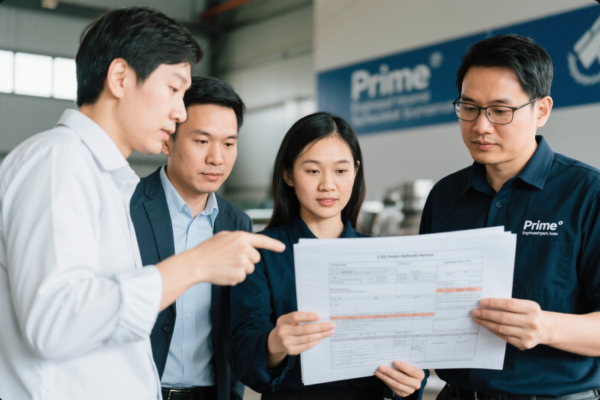 The image shows four Asian professionals, including two men in business attire and two in factory uniforms branded with “Prime,” gathered around a technical drawing or engineering document. They appear to be engaged in a collaborative discussion or quality check within a clean and modern industrial environment. The background features a large wall sign with the "Prime" company logo, reinforcing the scene's professional and industrial setting. This image conveys teamwork, precision, and a commitment to high standards in manufacturing or engineering.
