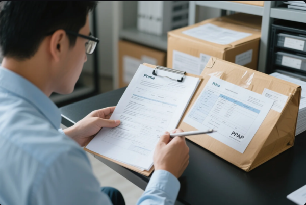 A male engineer wearing glasses is seated at a desk in an office or quality control room, carefully examining a printed PPAP (Production Part Approval Process) document from Prime. The paper is clipped to a clipboard, and a brown package labeled with a similar Prime PPAP sheet rests on the table nearby. Shelves in the background are filled with organized folders and additional packaging, suggesting a professional and structured document handling or quality inspection environment. The image reflects rigorous quality assurance procedures and attention to compliance standards in industrial manufacturing.