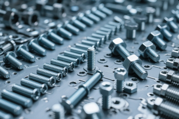 This image showcases a variety of precision-manufactured metal screws, bolts, and fasteners systematically arranged on a reference board. The components vary in size and head type, and are organized in rows with clear spacing, indicating meticulous quality control. The scene likely represents part of an industrial fastener catalog or an inspection setup within a hardware manufacturing facility. The metallic finish of the components reflects the lighting, emphasizing their durability and machining accuracy.