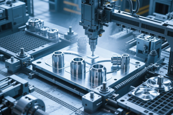 This image captures an advanced CNC machining process where a high-precision robotic arm is milling or drilling a complex metallic mold. The mold features multiple cylindrical cavities and interconnected channels, likely used for injection molding or die casting applications. Surrounding the machine are clamps, tooling setups, and guide rails that ensure stability and accuracy during manufacturing. The environment is clean, organized, and represents a state-of-the-art automated production line for high-end metal components or molds.