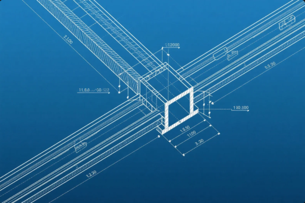 This image illustrates a professional engineering blueprint rendered in white lines over a blue background. It features a 3D projection of a square hollow structural section intersecting with multiple rectangular beams. The drawing is annotated with technical measurements such as lengths, widths, and tolerances—examples include 15.30, 11.00, and 120.000—indicating exact dimensions for manufacturing. This type of drawing is commonly used in mechanical engineering, structural design, and precision fabrication planning.