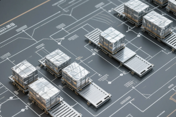 This image presents a conceptual logistics and supply chain model, where miniature metallic cargo pallets wrapped in reflective packaging are displayed on top of a detailed schematic flowchart. The background features interconnected pathways and labeled nodes in white, representing stages of the production, warehousing, or distribution process. The model emphasizes efficient goods handling and intelligent transportation planning—ideal for showcasing smart factory systems or advanced logistics simulations.