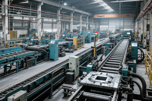 This image showcases a spacious, high-tech industrial workshop at Prime’s manufacturing facility. The production floor is equipped with multiple automated conveyor systems, robotic machinery, and metal processing equipment. The environment is clean and organized, with structural beams, cranes, control units, and signal indicators all visible under the natural light coming through skylights. This setup represents the scale and efficiency of Prime’s precision manufacturing capabilities in the field of metal parts fabrication.