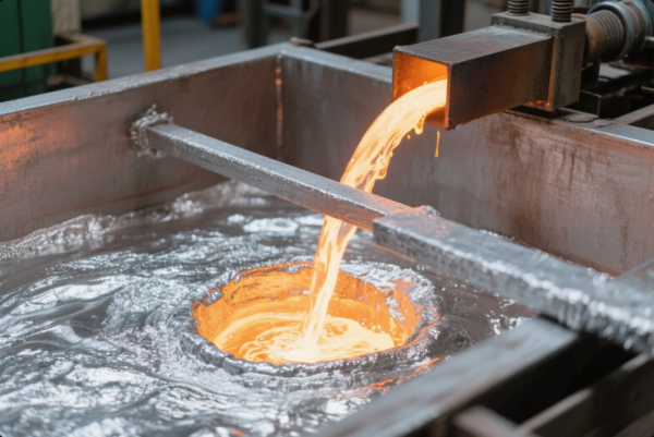 The image captures a vivid moment of molten metal flowing from a furnace spout into a circular mold during the casting process. The glowing orange stream contrasts with the surrounding silvery molten surface, indicating high temperature and active metalwork. This process is part of industrial casting operations, commonly used to produce complex metal parts with precise shapes and material properties. The photo highlights Prime’s capability in high-quality metal forming and thermal manufacturing techniques.
