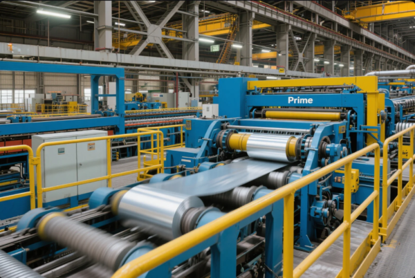 The image displays a high-efficiency automated sheet metal processing line inside Prime's advanced manufacturing facility. Large coils of reflective metal are being unrolled and fed through a blue and yellow machine labeled "Prime," where the sheets are flattened, aligned, and prepared for further operations such as stamping or cutting. The clean, well-lit factory environment with overhead cranes and structured layout highlights Prime's capabilities in large-scale, precision sheet metal production for industrial applications.