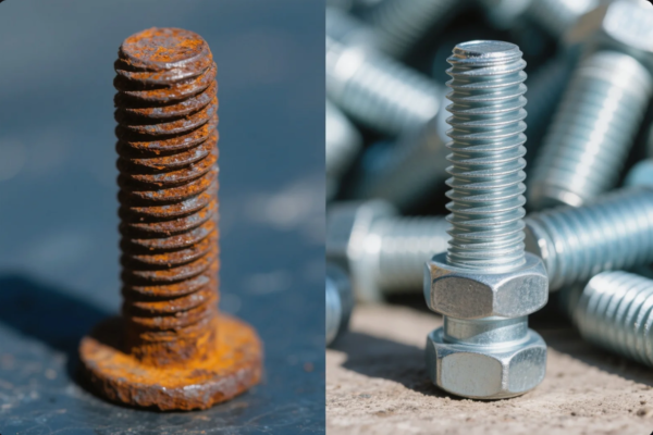 This image shows a side-by-side comparison of two bolts to illustrate the effects of corrosion and the benefits of protective coatings. On the left is a severely rusted, corroded bolt with flaking oxidation, representing poor durability in harsh environments. On the right is a bright, clean, zinc-plated bolt with a nut, appearing robust and corrosion-resistant, ideal for industrial or outdoor applications. The visual contrast emphasizes the importance of surface treatment and material choice in fastener performance and longevity.
