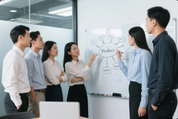 A team of six young professionals in business attire is engaged in a collaborative meeting in a modern office. They are gathered around a whiteboard featuring a hand-drawn diagram centered on the word "Products," with branches extending to various marketing and planning concepts. The team members are attentively pointing and discussing ideas, indicating a brainstorming session or product development planning. The setting conveys teamwork, strategic thinking, and corporate innovation.