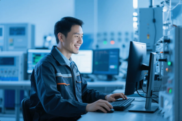 A smiling male engineer is seated at a workstation in a high-tech lab or industrial control center. He is wearing a dark gray uniform with safety stripes and is focused on a computer screen, typing on a keyboard. Behind him are multiple monitors displaying technical data and graphs, as well as various electronic instruments and control panels with indicator lights. The environment is clean, modern, and filled with advanced technology, reflecting precision engineering or automation control tasks.