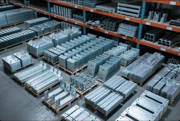 This image shows a well-organized warehouse filled with metal parts and components arranged on wooden pallets. The parts vary in shape and size, including brackets, plates, and structural frames, all appearing to be galvanized or coated for corrosion resistance. Behind the pallets, heavy-duty metal shelving holds additional stock arranged in tiers. The overall setting reflects a clean, efficient storage system for industrial hardware, likely ready for shipment or further assembly in manufacturing processes.