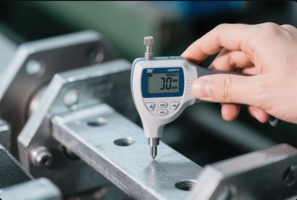 This image depicts a close-up of a hand using a digital coating thickness gauge to inspect the surface coating on a galvanized steel component. The display on the gauge shows a measurement of 70 micrometers. The part being measured has multiple holes and appears to be part of a larger industrial metal assembly. The image emphasizes precision in quality control and surface treatment verification during manufacturing processes.