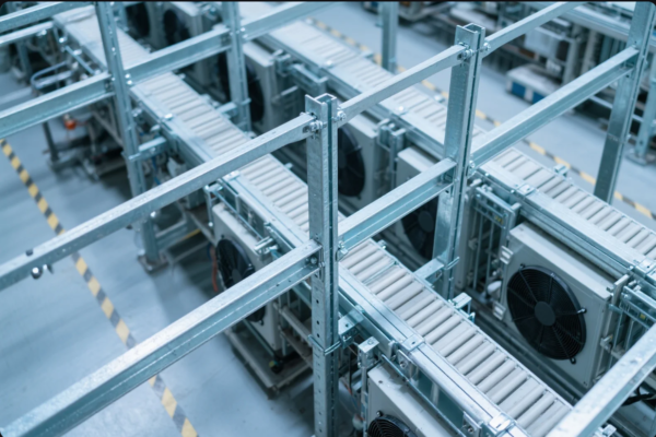 This image shows a top-down view of a structured roller conveyor system inside a modern industrial facility. The setup includes several integrated cooling fan units beneath the rollers, indicating a high-efficiency automated line for moving and cooling equipment or products. The environment is clean and organized, with metallic support frames and clearly marked safety zones on the floor, showcasing a professional-grade factory or logistics operation.