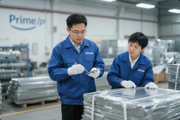 This image shows two quality control inspectors wearing blue uniforms with the "Prime" logo, standing in a manufacturing facility. One inspector is holding a clipboard and writing with a pen while the other examines a wrapped metal component. The background displays stacks of finished metal parts and equipment, suggesting a professional and organized industrial production environment.