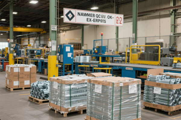 This image captures the interior of a metal manufacturing plant where stacks of galvanized metal parts are neatly packed on pallets and ready for shipment. In the background, automated blue and yellow machinery lines operate under a sign indicating “NAMWEB QC EU. OK – EX-EXPORTS.” The facility is well-lit, clean, and organized, showcasing an efficient workflow for quality-controlled export-ready industrial components.