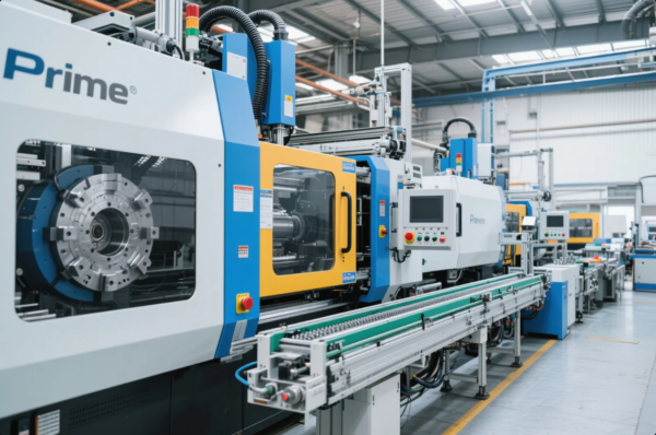 This image shows a state-of-the-art plastic injection molding production line inside a modern industrial facility. Prominently featuring the "Prime" logo, the machinery is clean, well-maintained, and equipped with digital control panels, automated feeders, and precision molds. The environment reflects a high-efficiency setup for manufacturing high-performance plastic parts, showcasing Prime’s advanced capabilities in OEM plastic component production.