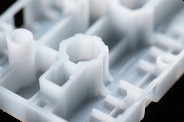 This image presents a close-up view of a precision-engineered white plastic component manufactured through injection molding. The part showcases fine internal geometries, smooth surfaces, and accurate wall thicknesses, demonstrating high dimensional accuracy and material consistency—ideal for OEM applications in electronics, automotive, or industrial equipment.