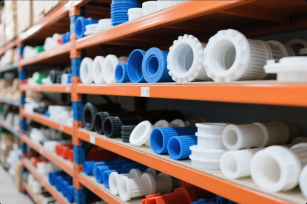 This image shows multiple rows of orange industrial storage shelves neatly stocked with a variety of plastic components in different colors such as white, blue, black, and red. The components appear to be precision-molded parts used in mechanical assemblies or piping systems, highlighting the company's inventory management and part availability for rapid delivery.