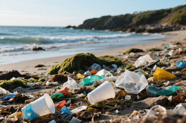 The image shows a coastal beach heavily polluted with plastic waste such as disposable cups, bags, and colored packaging materials. Seaweed and natural debris are mixed with the plastic litter, highlighting the environmental impact of plastic pollution on marine ecosystems. In the background, waves roll onto the shore near a rocky cliffside under a clear blue sky.