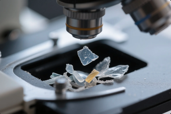 This image shows a close-up view of plastic fragments being examined under a high-resolution microscope. The broken pieces of translucent and colored plastic, including a distinct yellow shard, are placed on the microscope's slide stage for detailed observation. The image highlights the microscopic scale and texture of plastic particles, often associated with microplastic pollution studies in environmental science.