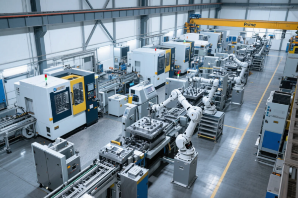 This image showcases a high-tech, automated smart factory equipped with multiple robotic arms working in tandem on precision machinery. The production line features CNC machines and injection molding equipment branded "Prime", arranged in a highly organized and efficient layout. Overhead cranes, advanced control panels, and clean industrial flooring reflect the factory’s advanced automation capabilities and emphasis on precision manufacturing for industrial components.