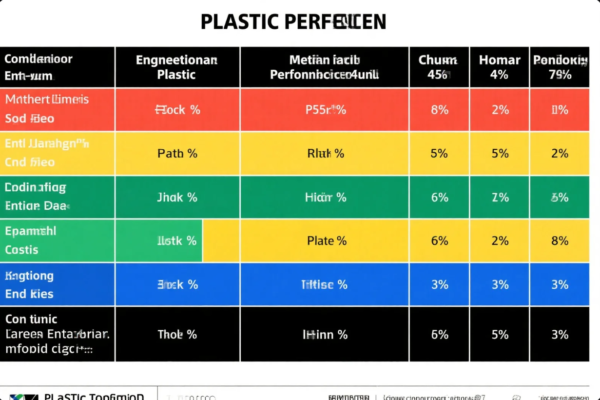 This image displays a color-coded comparison chart titled "PLASTIC PERFORMANCE," but the text in the table is largely distorted and illegible. It appears to compare various categories or types of plastics (e.g., engineering plastic, metal-reinforced plastic) against multiple performance indicators (possibly cost, durability, environmental impact, etc.). Columns and rows are color-coded in red, yellow, green, blue, and black, likely representing different scoring levels or performance tiers. However, due to the visual distortion and overlapping text, the exact content and numerical values are mostly unreadable.