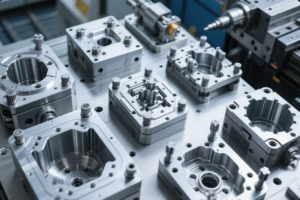 This image showcases a series of high-precision metal molds arranged neatly on a flat metallic workbench, most likely used for plastic injection molding. The molds have complex geometries and finely machined surfaces, indicating advanced CNC machining or EDM processes. Each mold unit is equipped with guide pins, bolts, and cavity inserts, highlighting industrial-grade tooling used in mass production of plastic parts. The background features industrial equipment, reinforcing the high-tech manufacturing environment.