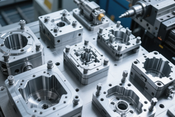 This image showcases a series of high-precision metal molds arranged neatly on a flat metallic workbench, most likely used for plastic injection molding. The molds have complex geometries and finely machined surfaces, indicating advanced CNC machining or EDM processes. Each mold unit is equipped with guide pins, bolts, and cavity inserts, highlighting industrial-grade tooling used in mass production of plastic parts. The background features industrial equipment, reinforcing the high-tech manufacturing environment.