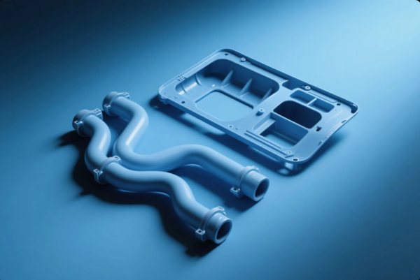 This image displays two distinct light blue plastic components manufactured through injection molding. On the left is a dual-curved pipe assembly with multiple flanges, likely used in fluid or air transport for automotive or industrial applications. On the right is a rectangular tray-like plastic part with various cutouts, ribs, and mounting points—suggesting use as a structural or protective housing. The clean, smooth surface finish and precise geometry reflect high-quality mold design and production control. The image is lit with a cool blue tone, emphasizing technical precision and material uniformity.