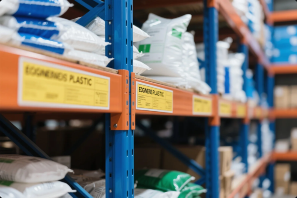 This image shows a neatly organized warehouse aisle containing multiple racks of white and green plastic resin bags. The shelving units are made of blue vertical beams and orange horizontal supports, each clearly labeled with yellow signage indicating "ENGINEERING PLASTIC." These labeled racks help categorize and store raw plastic materials used for industrial manufacturing processes such as injection molding or extrusion. The scene highlights efficient material handling and inventory management practices in a production facility.