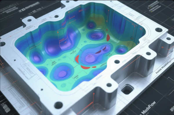 This image shows a highly detailed aluminum injection mold cavity placed on an engineering drawing background. The inner surface of the mold features a digitally overlaid color map from a mold flow analysis, displaying gradient colors from green to blue and red. These contours represent variables such as temperature, pressure, or fill pattern during plastic injection molding. Measurement data and simulation annotations are superimposed across the surface, indicating critical design tolerances and process zones. This image illustrates advanced manufacturing processes combining CAD simulation and CNC machining for quality mold design.